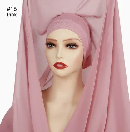 Chiffon Instant Hijab With Bulit-in Magnets Muslim Woman Hijab Solid Color Easy To Wear Shawl Wrap With Undercap Famme Headscarf.