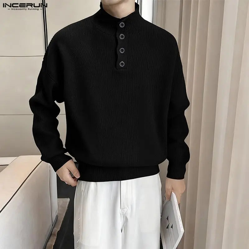 INCERUN Men Pullovers Solid Color Knitted Turtleneck Long Sleeve Male Sweaters Streetwear Knitted Fashion Casual Men Clothing.