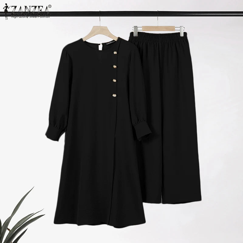 ZANZEA Muslim Abaya Suit Elegant Women Matching Sets Fashion Long Shirt Tops & Wide Leg Pants Ramadan Outfits Urban Tracksuits.