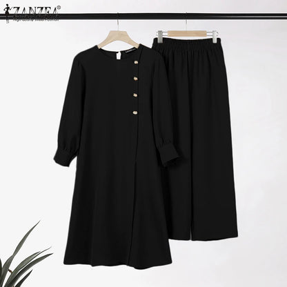ZANZEA Muslim Abaya Suit Elegant Women Matching Sets Fashion Long Shirt Tops & Wide Leg Pants Ramadan Outfits Urban Tracksuits.