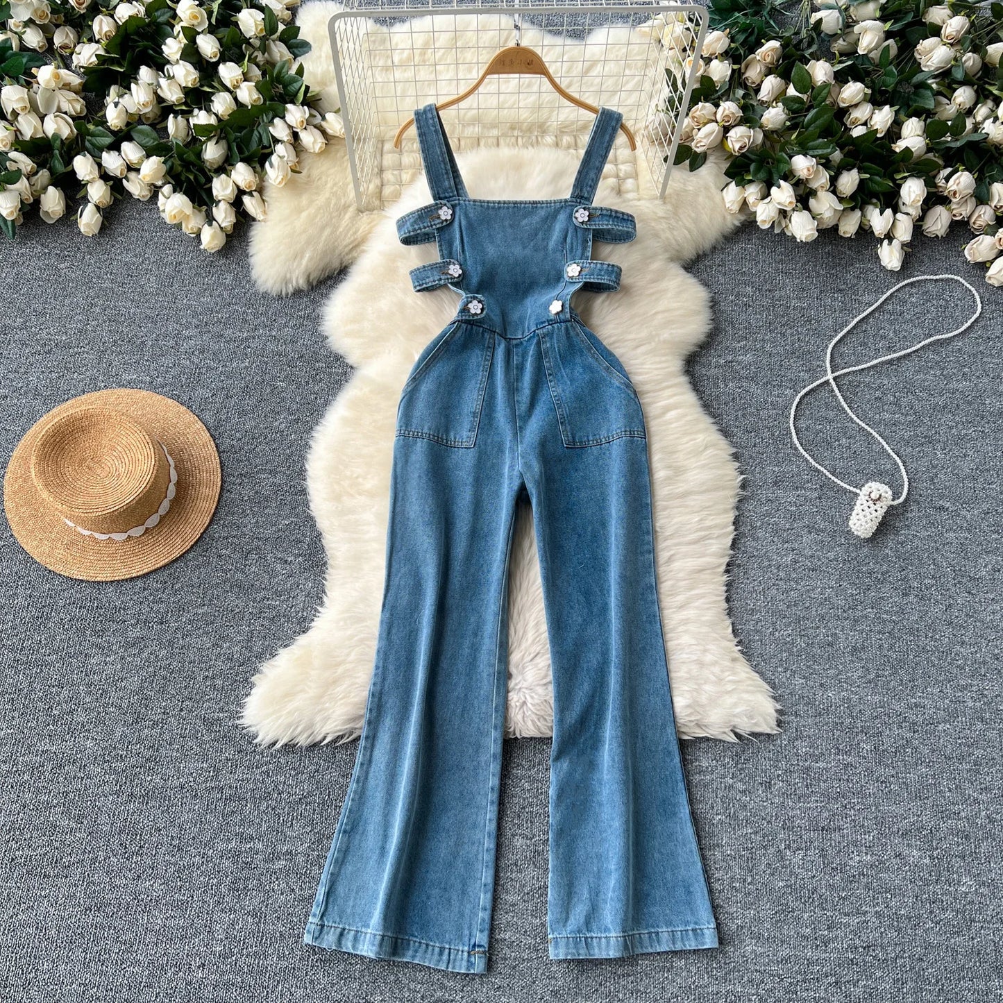 Jumpsuits Women Denim Suspender Jeans One Piece Wide Leg Pants Washed Mom Distressed Pockets Trousers Summer 2025 Streetwear.