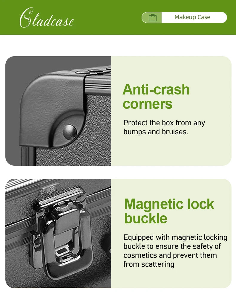 GLADCASE 2025 Portable Makeup Case with adjustable LED light Mirror carry Cosmetic Box Organizer train Beauty for dailry travel.