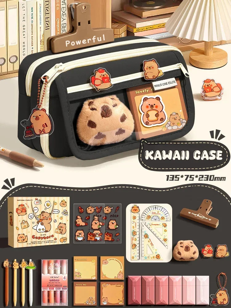 Große Kapazität Bleistift Tasche Capybara Cartoon Leinwand Schreibwaren Halter Tasche Mit Broschen Aufkleber Clips Schlüsselanhänger Kinder Stift Fall.