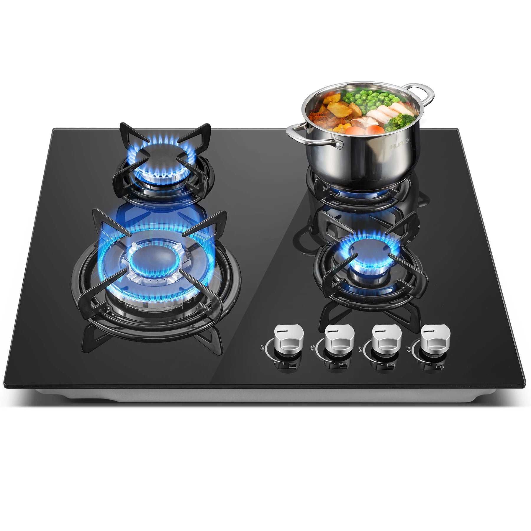 60cm Built-in Gas Hob 4 Burner | Auto Thermocouple & Safety Lock | 4-Zone Tempered Glass 8060W with Auto Ignition.