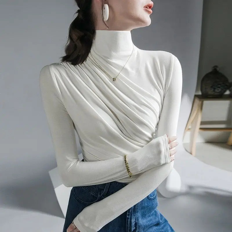 Pleated Stretch T-shirt New Spring Autumn Turtleneck Bottoming Pullover Women's Casual Elegant Basic Top Shirts Harajuku Gothic.