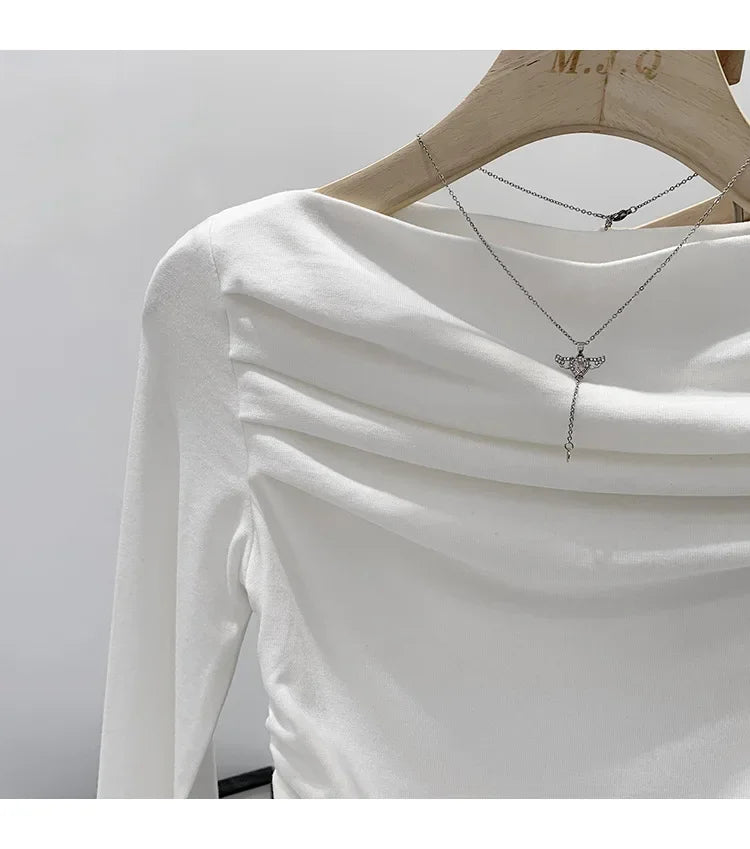 Spicy Girl Style One-Collar Ruffles Cropped Long Sleeve T-Shirt Women's Autumn/Winter New Arrival Base Layer Sweatshirt.