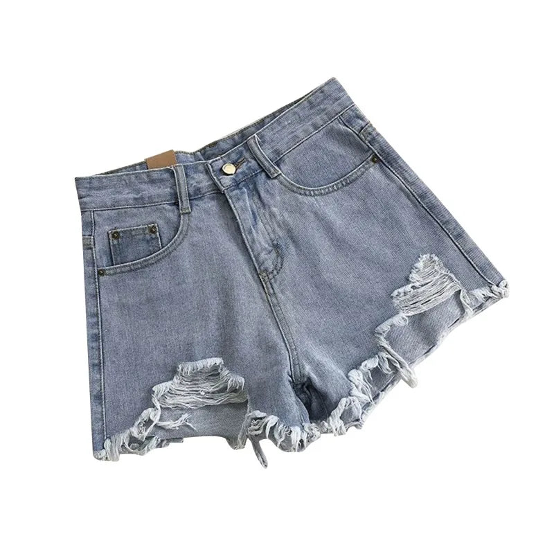 Korean Denim Holes Shorts For Women  Fashion High WaistWide Leg Short Jeans Female Designer Casual Street Short 2025 New Trend.