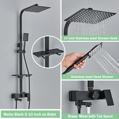 Rainfall Bathroom Shower Faucet Kit With Bidet Wall Mounted Stainless Steel Hot Cold Water Mixer Tap System With Rack,Tub Spout