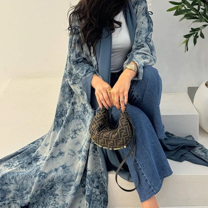 Ramadan Eid Tie Dye Butterfly Bow Muslim Modest Kimono Abaya Damen Dubai Luxury Islam Women Kebaya With Hijab Kaftan Robe Femme.