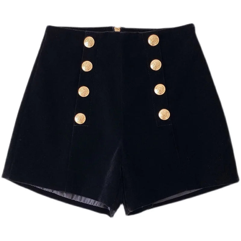 Velvet Black High Waist Slim Shorts Thicked Women's Winter New Korean Fashion Double-breasted Wide Leg Short Pants.