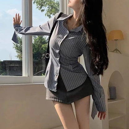 Korean Blue Striped Long Sleeve Shirt Jacket Women's Spring Design Waist Cinching Slimming Top Women Clothing.