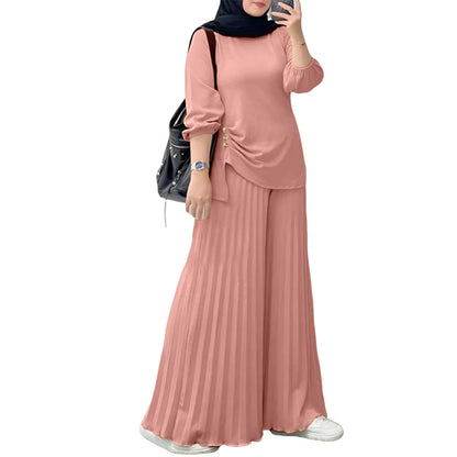 ZANZEA Muslim Women 2 Pieces Pant Sets Hijabis Casual Asymmetric Hem Long Sleeve Blouses & Pleated Pants 2pcs Suits Outfits