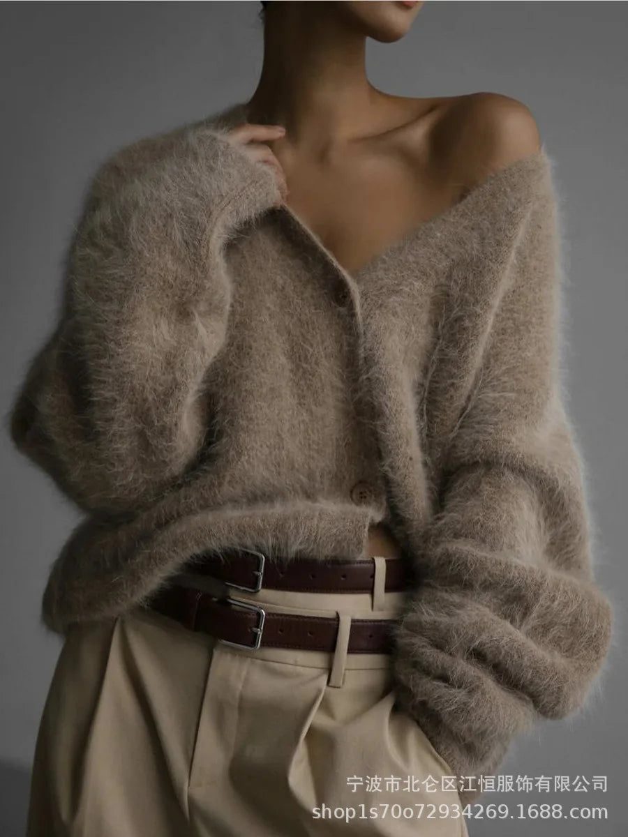 Women New Knitted Thick Cashmere Wool Cardigan Chic V Neck Single Breasted Fashion Long Sleeve Sweater Fall Winter Coat Outwear