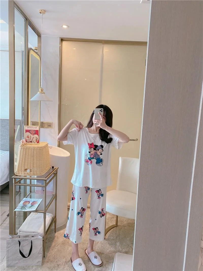 Sommer Pooh Bär Nachtwäsche frauen Lose Bequeme Cartoon Print Hause Kleidung Set Kurzarm Nachthemd Mickey Pyjama Set