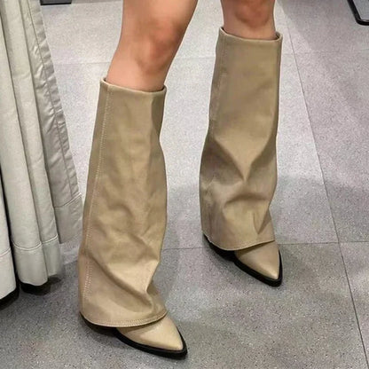 Knee High Heels Women Boots Leather Chunky Fashion Shoes Pointed Toe Snow Long Boots New Designer Pumps Punk Chelsea Botas Mujer.