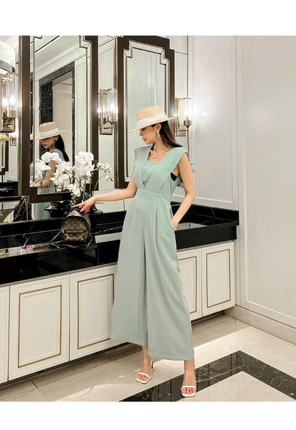 H Han Queen Summer Elegant Business Jumpsuits Women Simple Wide Leg Long Playsuits Korean Sleeveless Casual Rompers Office Lady