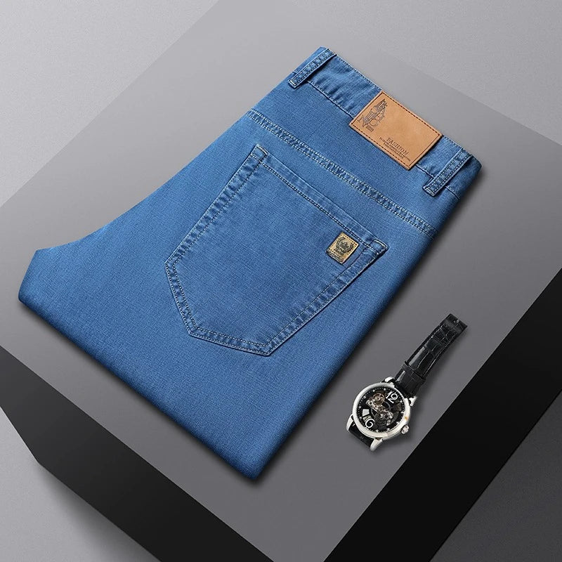 Men's Ice Silk Jeans Summer New Lyocell Thin Business Casual Denim Pants Classic All Match Slim Fit Straight Elastic Jean Male.