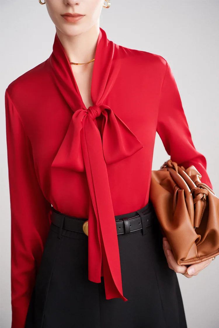 Silk Shirt Women's Thick Temperament Streamer 2025 Spring and Summer New Mulberry Silk Lace-up Design Shirt Long-sleeved Top