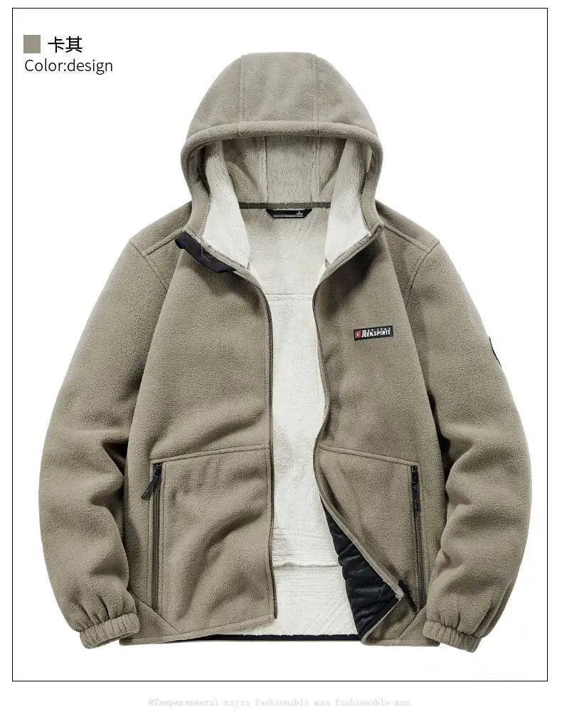 Men's Outdoor Sport Hooded Sweatshirt Jacket Warm Fleece Liner Windproof Softshell Inner Polar Fleece Coat with Zipper & Pockets.