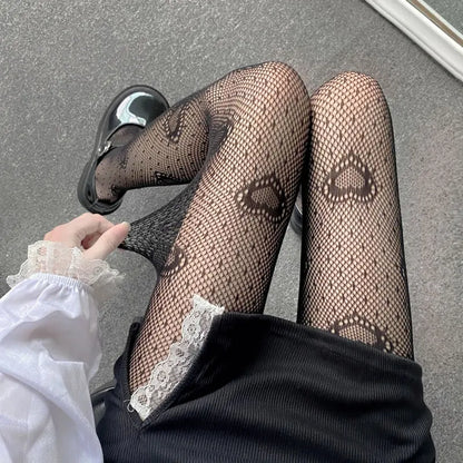 Gothic Women Lolita Leggings Hollowed Out Mesh retro Girls Stockings Japanese Bottomed Lace Pantyhose Floral Rattan Black Tights