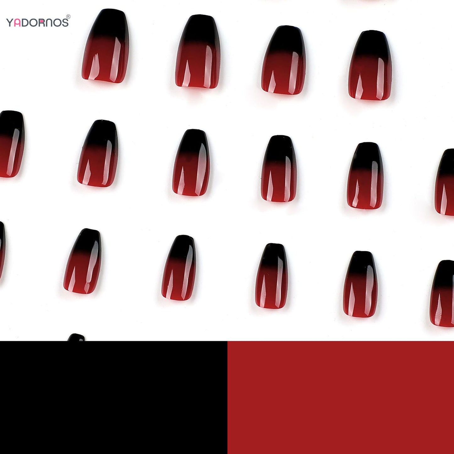 Red Black Gradient Press on Nails Medium Length Coffin Fake Nails with Sticky Tabs Ballerina False Nails Tips for Women 24Pcs.
