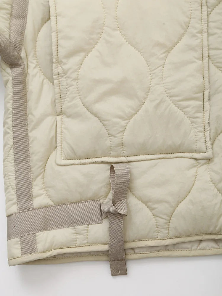 ZBZA Women's Quilted Loose Jacket Mantel Drawstring hoher Kragen Reißverschluss lange Ärmel Versteckter Knopf Doppeltaschen Clip Baumwolle Outerwear Herbst Winter Neue Weibliche Chic Mantel