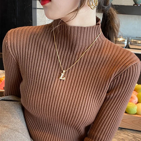 Herbst Und Winter Vielseitig Kleine Hohe Kragen Grundlegende Basis Engen Pullover Koreanische Mode Casual Langarm Top Für Frauen.