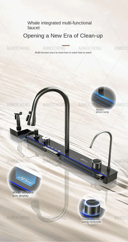 Heißer verkauf Edelstahl Wasserfall Küche Waschbecken Mit Messer Halter Digital Display Wasserhahn Set Geprägte Extra Große Einzigen Slot