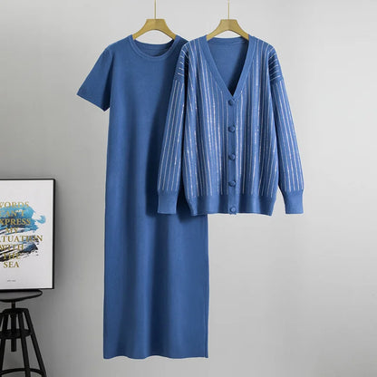 Women Knit 2 Piece Set Cardigan Set Sweater Muslim Short Sleeve Long DressEnsemble Knitwear Suit Modest Autumn Winter Outfits