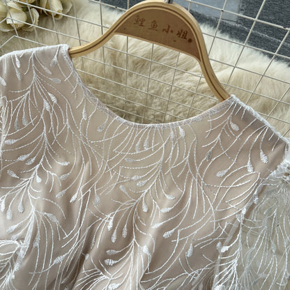 Light Luxury Elegant Women White Backless Jumpsuits Temperament O-neck Puff Long Sleeve Embroidery Female Playsuits.