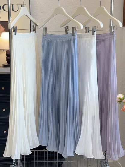 Women's Summer Elegant Pleated Elastic Waist Chiffon Long Skirt Lady High Waist A Line Streetwear Solid Color Skirt.