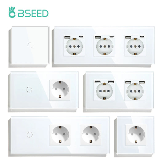 BSEED Touch-Lichtschalter, EU-Standard-Wandsteckdose mit USB Typ-C-Kristallglasscheibe, weiße Farbe, Netzstecker, 1/2/3 Gang-Schalter.