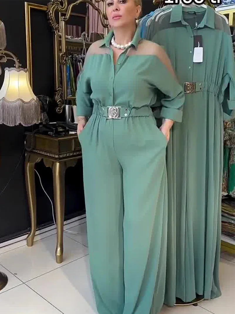 Jumpsuit Full Sleeve Turn Down Collar Office Lady Buttons The Waist Jumpsuits for Women 2024 One Piece Wide Leg Pants Rompers.