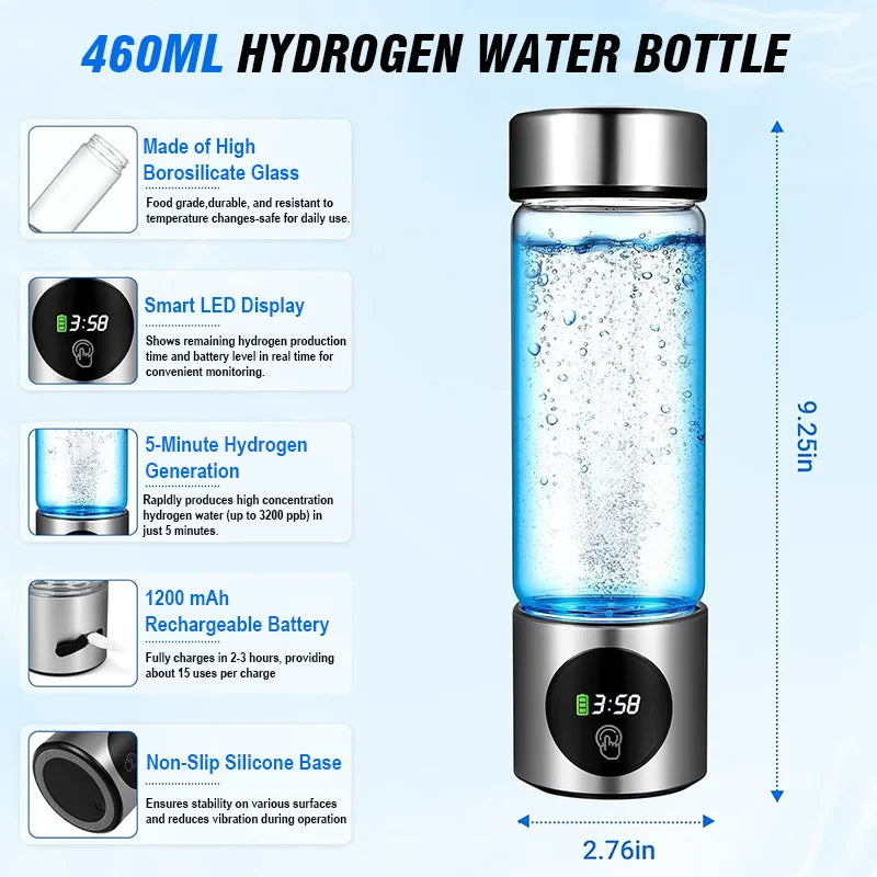 Portable Performance Hydrogen Water Generator Bottle SPE+PEM Dual Chamber lonizer + PPB&Time Display Electrolytic Hydrogen Water.