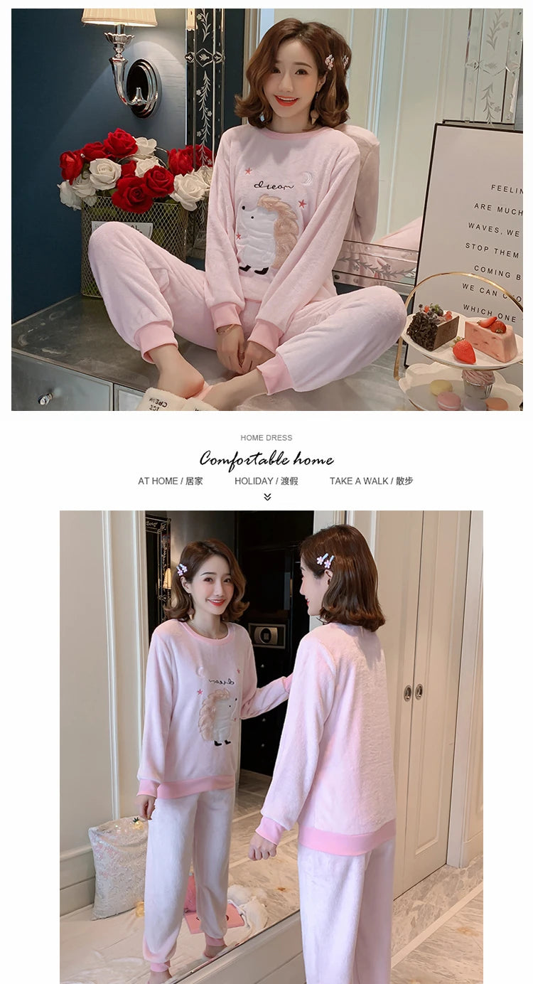 Herbst Winter neue Flanell weiche warme Frauen Pyjamas Rundhals ausschnitt Langarm Frauen zweiteilig Set niedlichen Druck Pyjama Anzug Frauen.