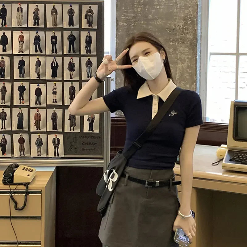 Slim Fit Short Sleeve Polo Neck T-Shirt Women's Sweet And Spicy Design Sensation Small Audience AE Stockpile Brand.