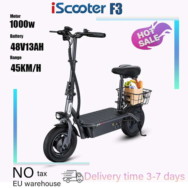 ISCOOTER F3 Electric scooter 1000W motor 48V13AH battery foldable electric scooter, adult electric scooter with seat 45 km/h