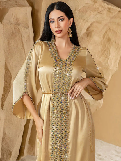 Luxury Dubai Diamonds Abaya Satin Long Dress Women Muslim Islam Clothing Evening Party Gown Ramadan Caftan Marocain Femme Robe ﻿.