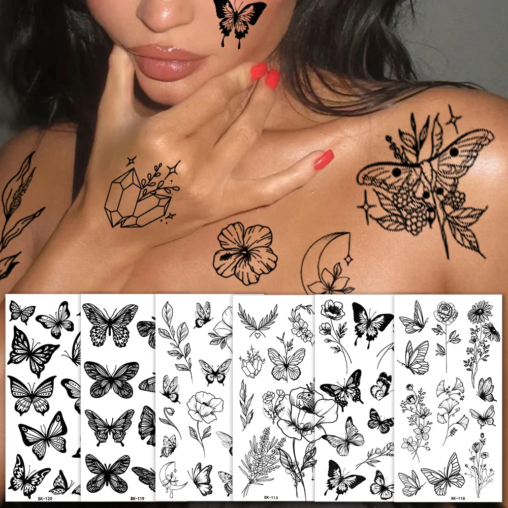 1/6pcs Black Butterfly Fake Tattoo Waterproof Temporary Tattoo Stickers Leg Arm Hand Foot Body Arts Magic Flower Texture Sticker.