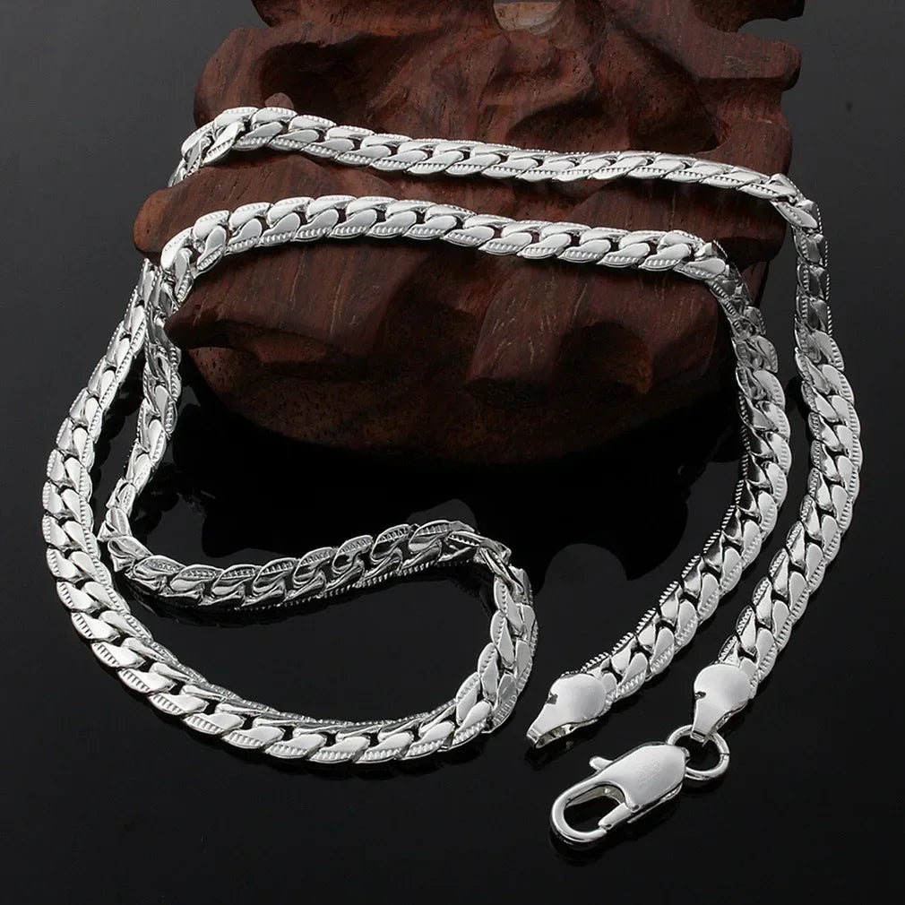 925 Sterling Silver 2 Piece Full Side Chain Necklace Bracelet Women Men Fashion Jewelry Set Wedding Gift.