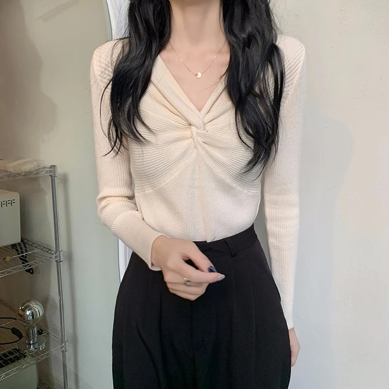 Herbst Winter Dünne Gestrickte Hemd Frauen Pullover Pullover Tops Weibliche Lange Hülse Elastische V-ausschnitt Dünne Pullover Stricken Shirts.