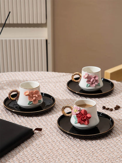 120ml Ceramic Coffee Cup Saucer Set Hand Pinched Flowers with Hand and Dish Milk Tea Porcelain Drinkware Tableware Gift.