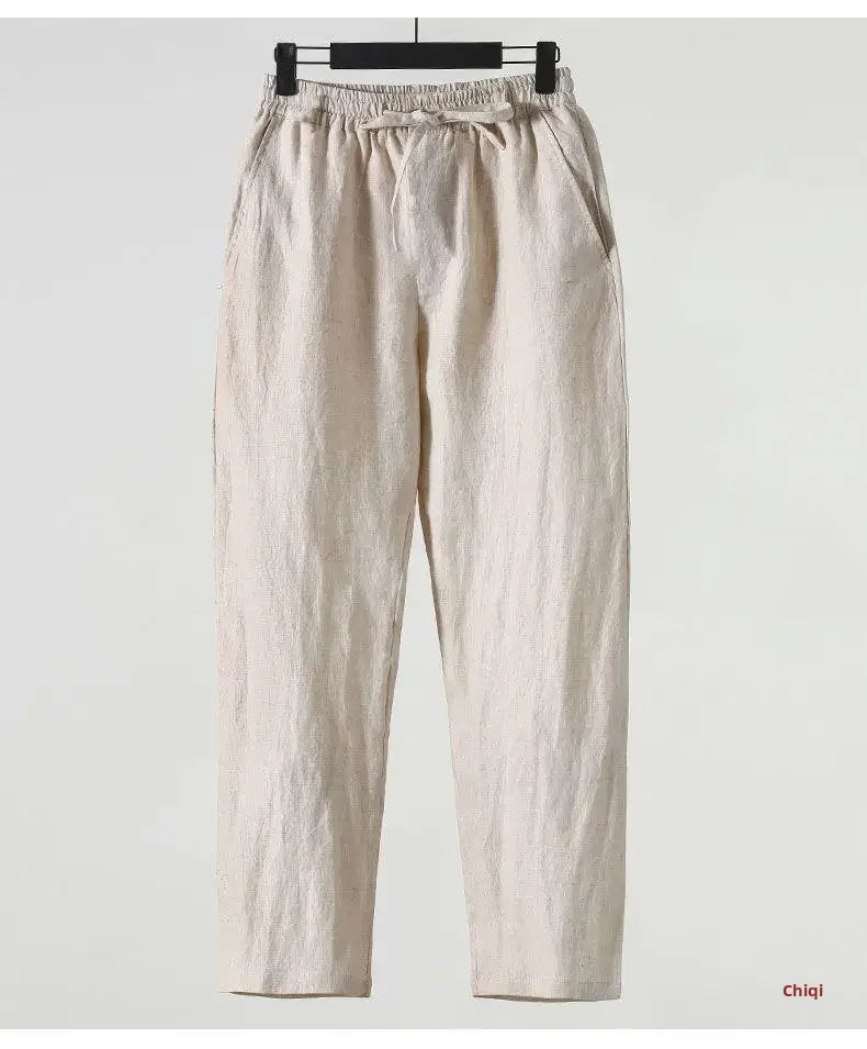 Casual Men's Linen Pants Loose Fit Cotton Linen 3/4 Length Pants Chinese Style Men's Material.