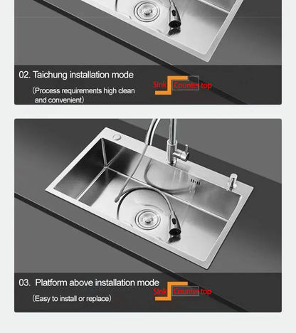 Thickened 304 Stainless Steel Single Sink Kitchen Sink Undermount Dishwashing Trough for Home Improvement