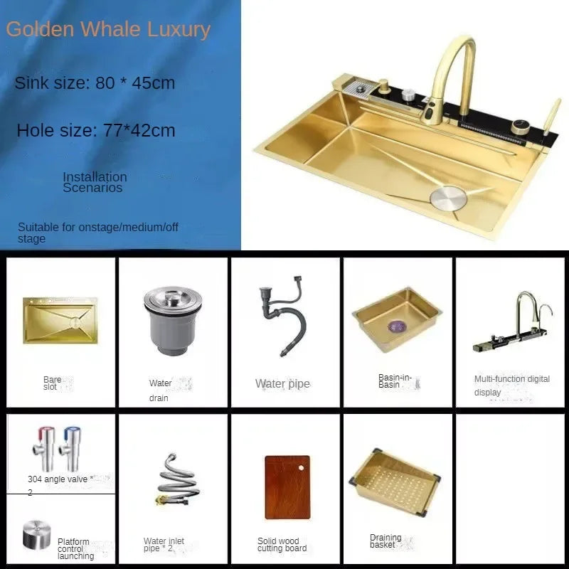 Gold Kitchen Sink Stainless Steel Sink Digital Vegetable Washing Basin, Atmosphere Light, Kitchen Large Single Sink 75cmX46cm