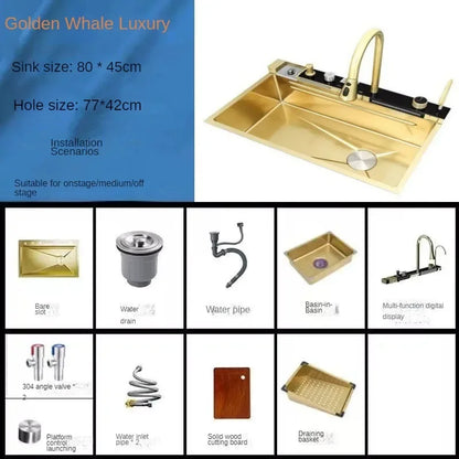 Gold Kitchen Sink Stainless Steel Sink Digital Vegetable Washing Basin, Atmosphere Light, Kitchen Large Single Sink 75cmX46cm
