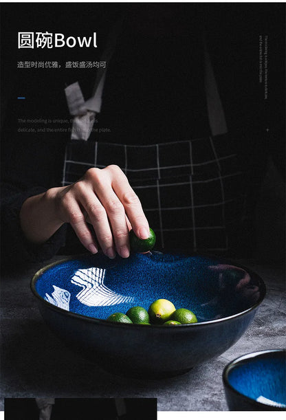 Japanese Blue Kiln Change Ceramic Tableware American Tableware Retro Household Dishes Set Rice Bowl Dishes Restaurant Plate.