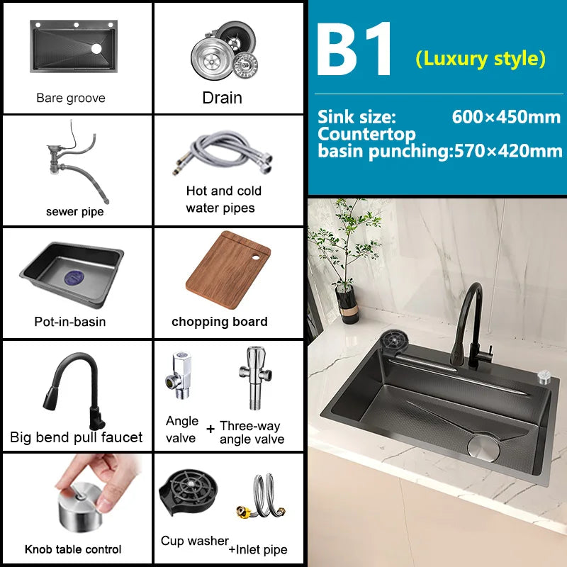 Stainless Steel Kitchen Sink Embossed Large Single-Slot With Kitchen Faucet Multifunctional Washbasin for Apartment
