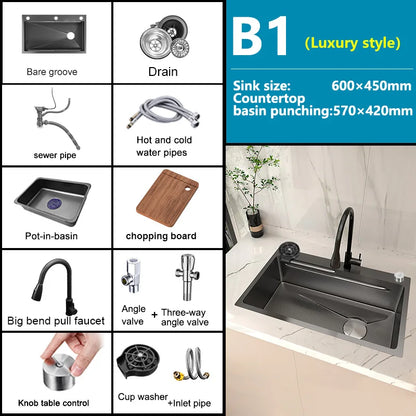 Stainless Steel Kitchen Sink Embossed Large Single-Slot With Kitchen Faucet Multifunctional Washbasin for Apartment