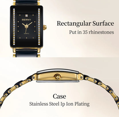 BERNY Ceramics Quartz Women Watch Fashion Rectangle Men/Women Wristwatch Bracelet Luxury Diamon Gold Couple Watches Gift Watches.